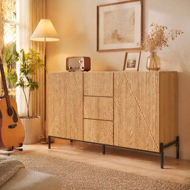 Sideboard moderno Beaok in MDF con design geometrico, colore beige e marrone, per la tua sala da pranzo; L: 115,5 cm, P: 40 cm, H: 76 cm