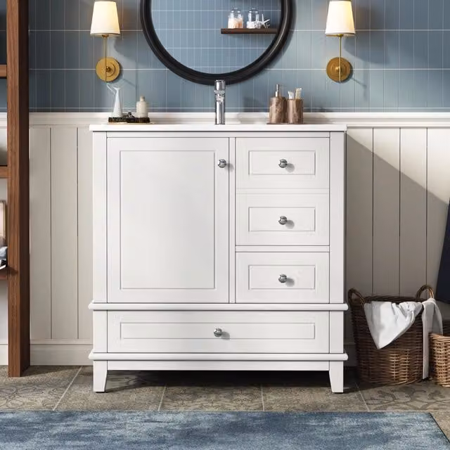 Mobile bagno a terra 81 cm bianco lucido con lavabo in ceramica; 3 cassetti e 1 anta