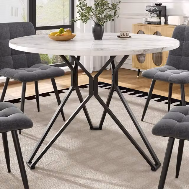 Tavolo da Pranzo Rotondo per 4 Persone ¨C Xylo ¨C Piano MDF Effetto Marmo, Gambe in Metallo, Nero, 100x100x76