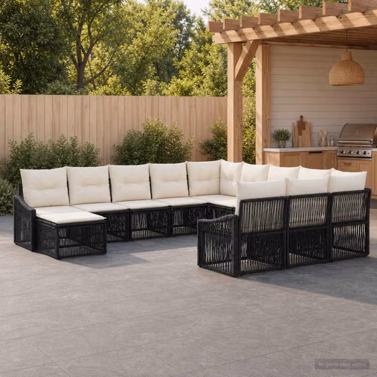 Set Divano da Giardino vidaXL 12 Pezzi a Forma di U in Polyrattan Nero con Cuscini Imbottiti e Struttura in Acciaio