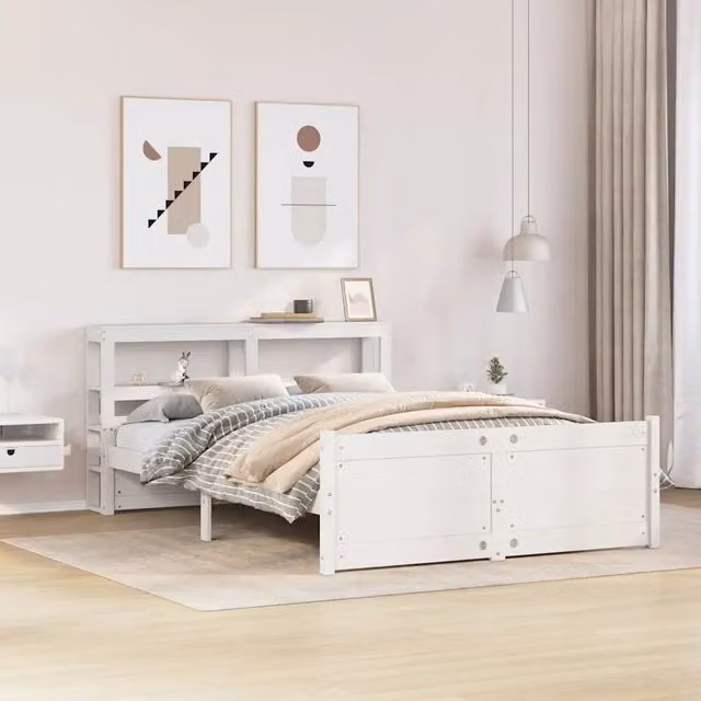 Giroletto con Testiera Bianco 150x200 cm Legno Massello di Pino 3306024