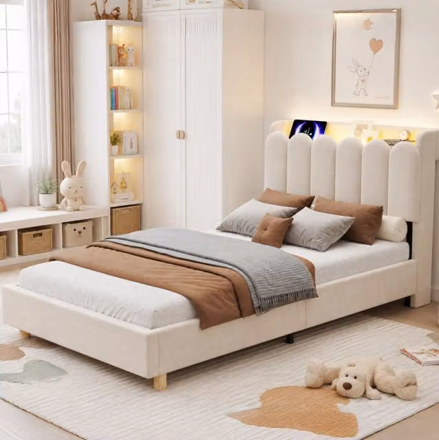 Letto singolo imbottito ULEVR 90x200 cm con rete a doghe, USB e Type-C, luce notturna, beige
