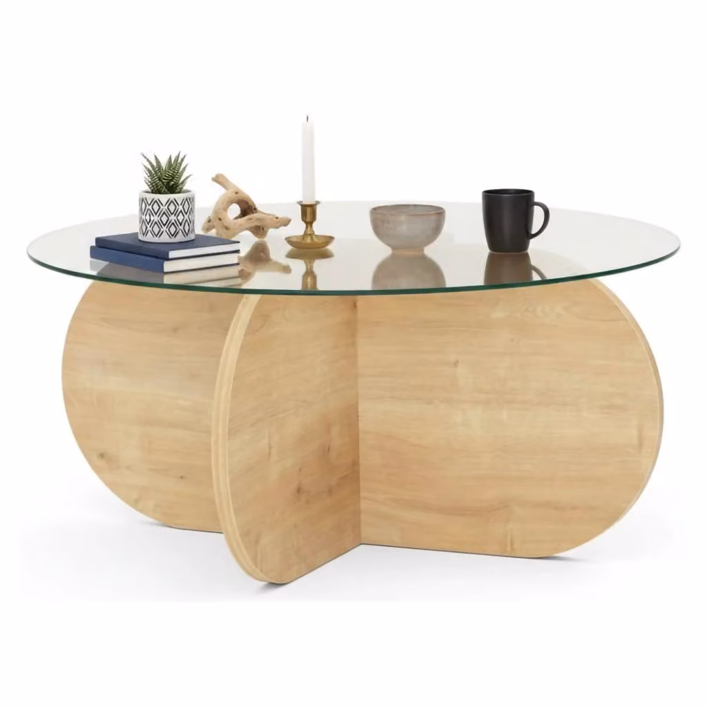 Tavolino da salotto rotondo DMORA Nila in legno quercia marrone e vetro trasparente L/P/H: 75 x 75 x 35 cm – 2