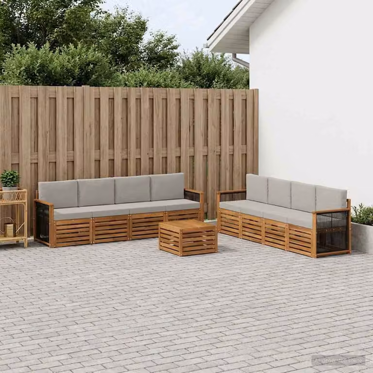 Set di divani da esterno vidaXL a forma di U composto da 9 pezzi in legno di acacia con cuscini, colori beige, grigio e marrone