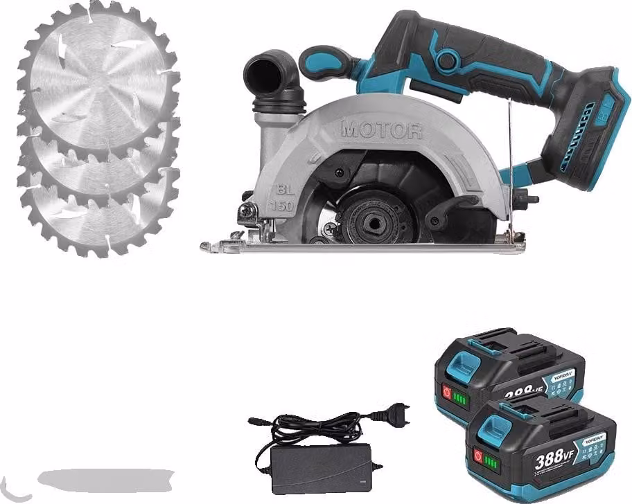 Sega circolare, motore brushless, angolo di taglio regolabile, set di 2 batterie