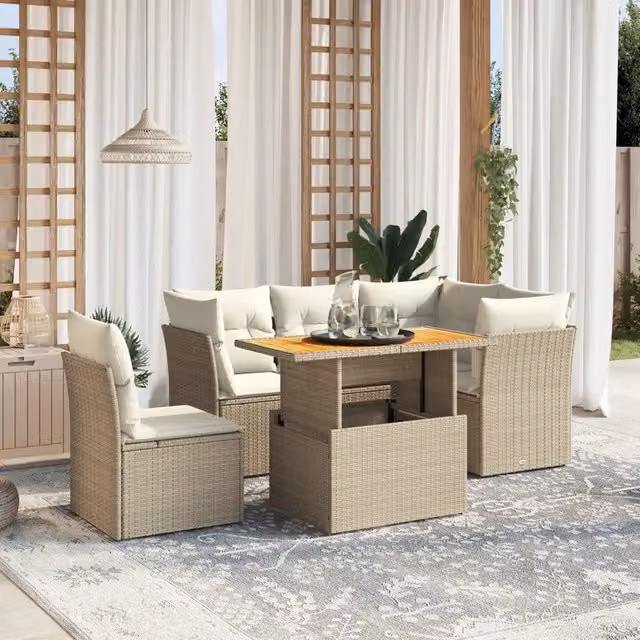 Set Divano da Giardino Moderno VIDAXL in Polyrattan con Cuscini Beige, 5 Pezzi a Forma di L con Ottoman