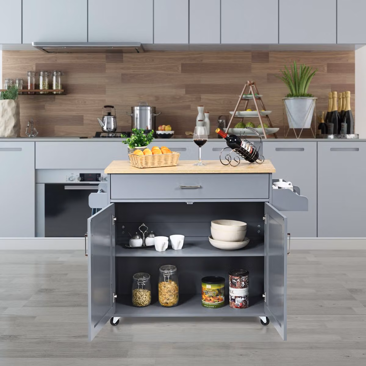 Isola da cucina Costway con mensola regolabile e ruote in gomma, carrello moderno in legno MDF grigio