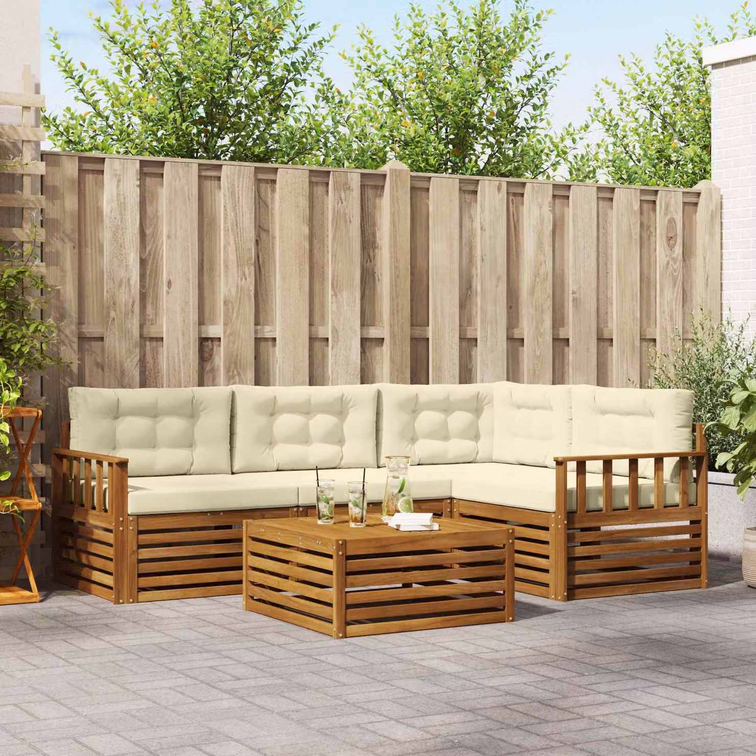 Set di divani da esterno vidaXL 5 pezzi in legno di acacia con tavolo da caffè e cuscini, colore beige e marrone
