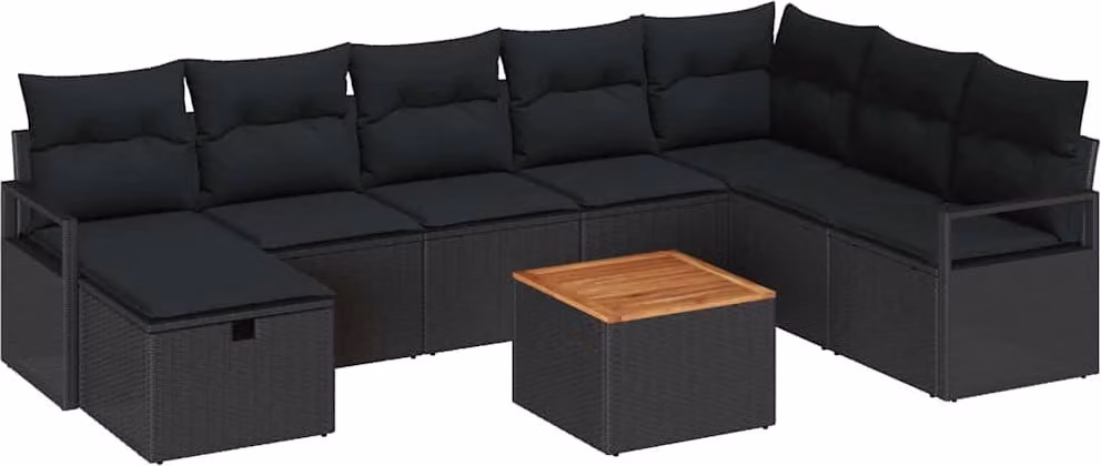 Set Divano da Giardino con cuscino 9 pcs Nero Poly Rattan