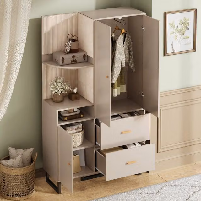 Mobile da ingresso con anta, 2 cassetti, vani aperti e appendiabiti estraibile, beige e grigio, 110 × 38 × 186 cm