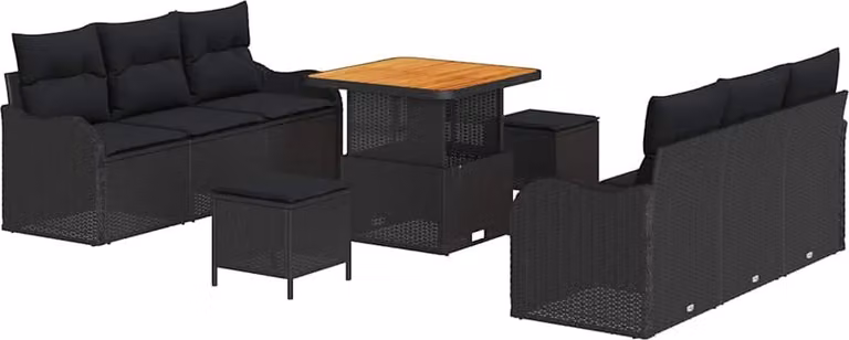 Set Divano da Giardino con cuscino 9 pcs Nero polyrattan