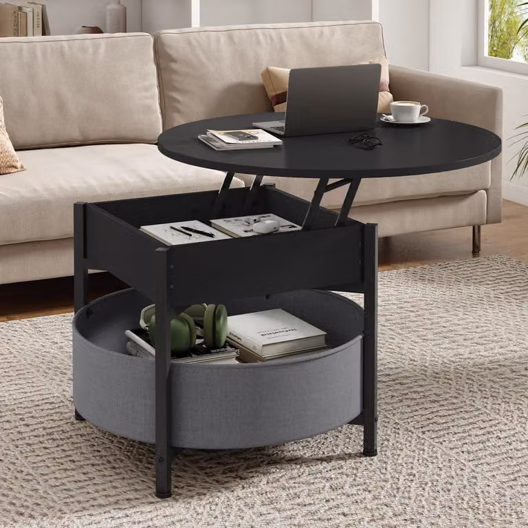Tavolino rotondo con piano sollevabile, altezza regolabile, cesto portaoggetti, struttura in metallo, colore nero, dimensioni 70x70x50 cm