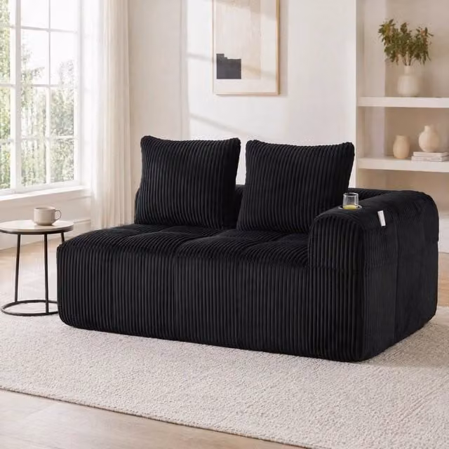 Divano Mivray in velluto nero a righe con portabevande e imbottitura mista L: 158 cm, P: 61 cm, H: 41 cm
