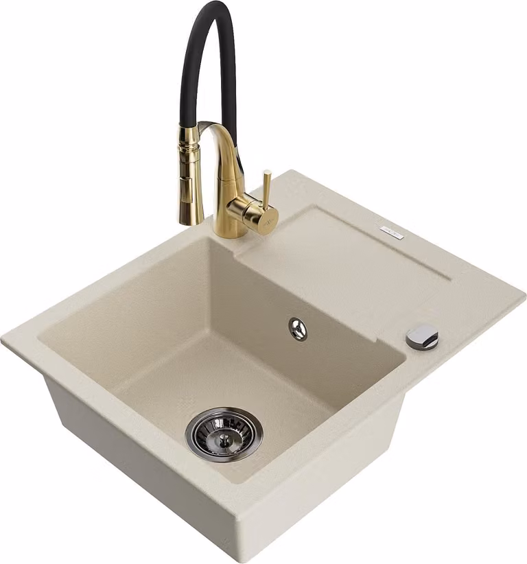 Mexen Enzo lavello in granito 1-vasca con scolapiatti e rubinetto da cucina Aster, beige - 6506-69-73450-57-B