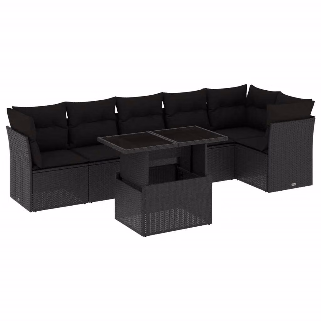 Set Divani da Giardino con Cuscini 7pz Nero Polyrattan