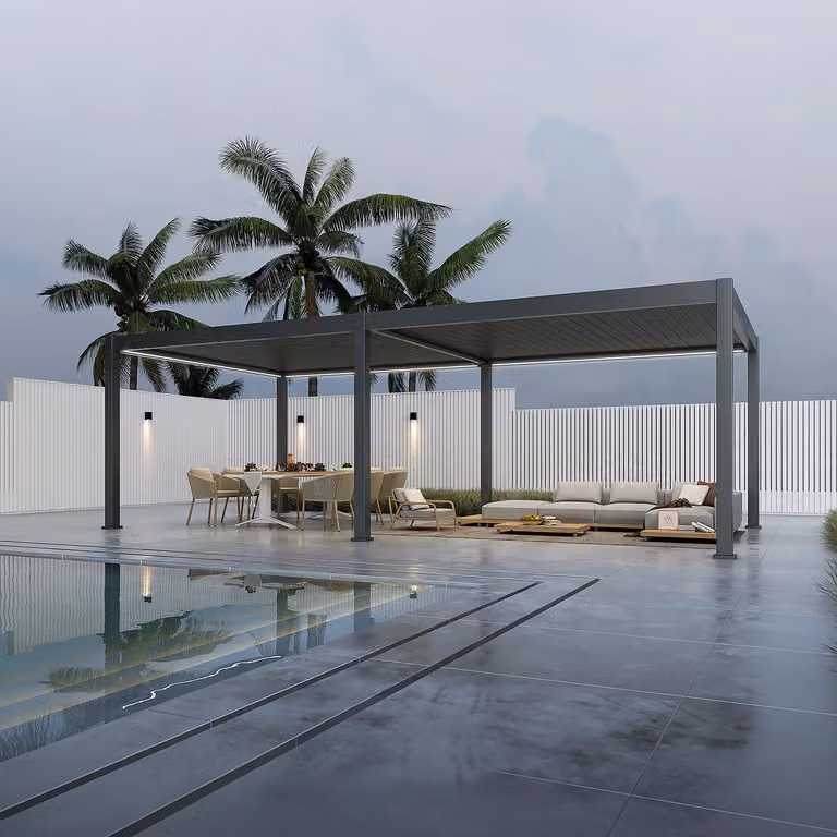 Pergola elettrica Weide E-Deluxe Plus interamente in alluminio, 4x8 m, con tetto a lamelle color antracite
