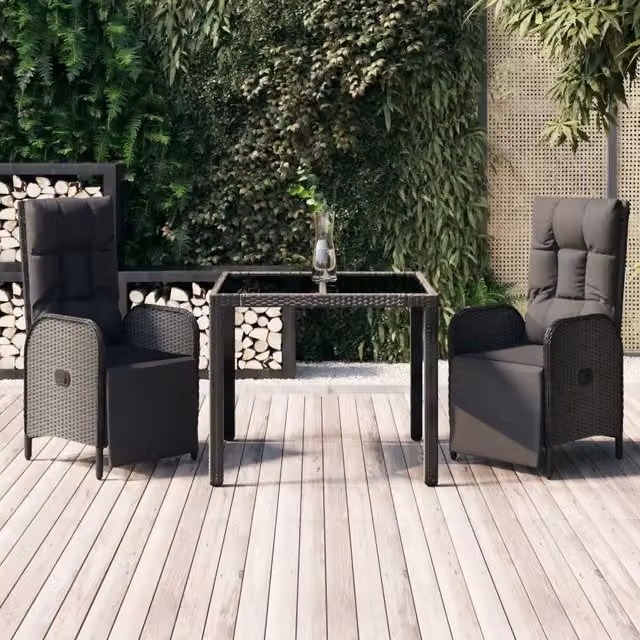 Set da Pranzo da Giardino 3 pz con Cuscini Nero in Polyrattan 3185059