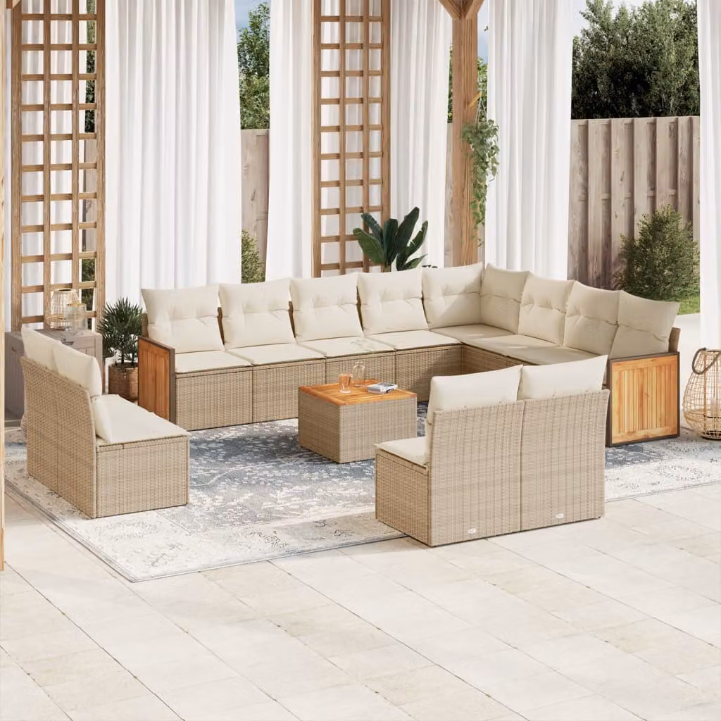 vidaXL Set Divano da Giardino 13 pz a forma di U con Cuscini Beige e Tavolino da Caffè in Polyrattan e Acciaio – 1