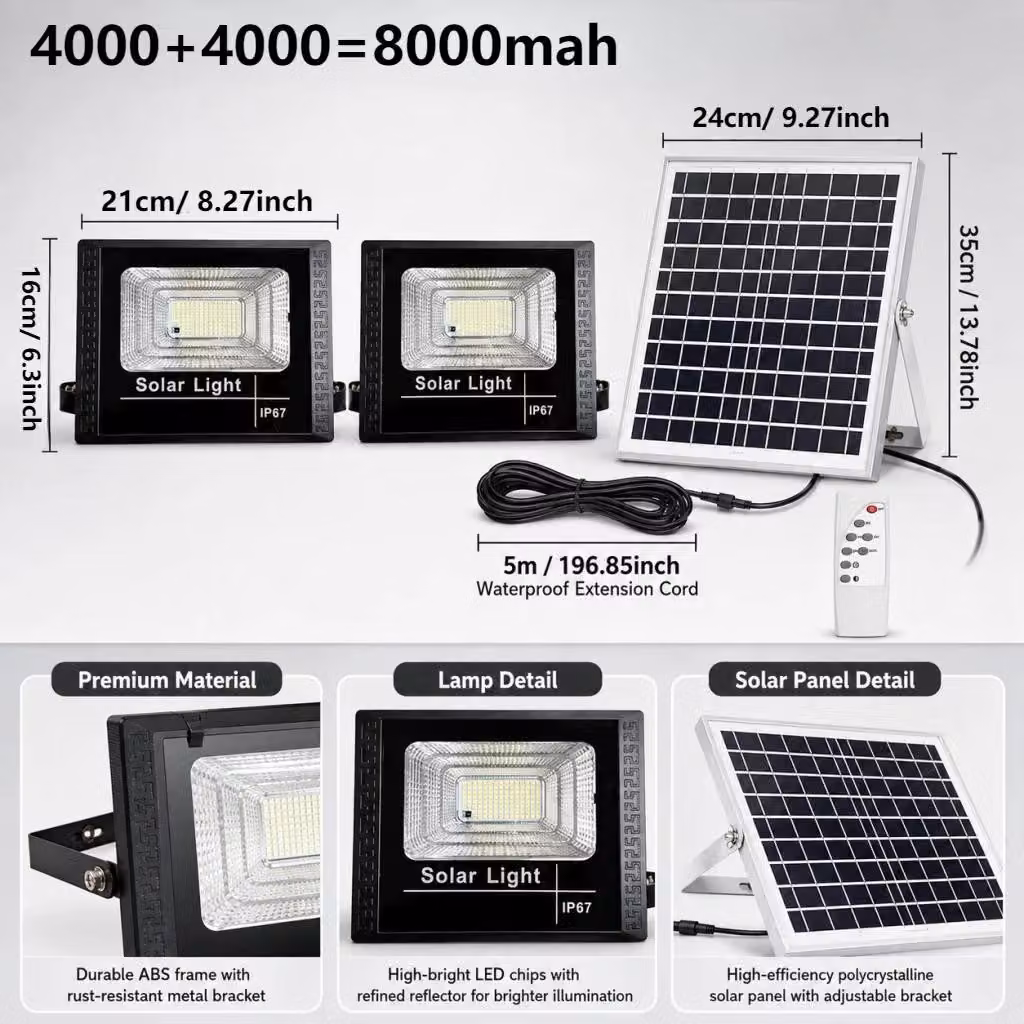 Lampada solare da esterno a due luci - 8000 mAh - LED - Grado di protezione IP65 (resistente all'acqua) - Dimmerabile - Ideale per il giardino