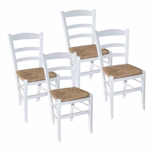MA MAISON Set 4PZ Sedie in Legno con Seduta in Paglia - Ampia, Compatta, Schienale Alto, Robusta, Paesana, Rustica, per Cucina, Agriturismo, Ristorante, Soggiorno - 42X40X87H CM (BIANCO)