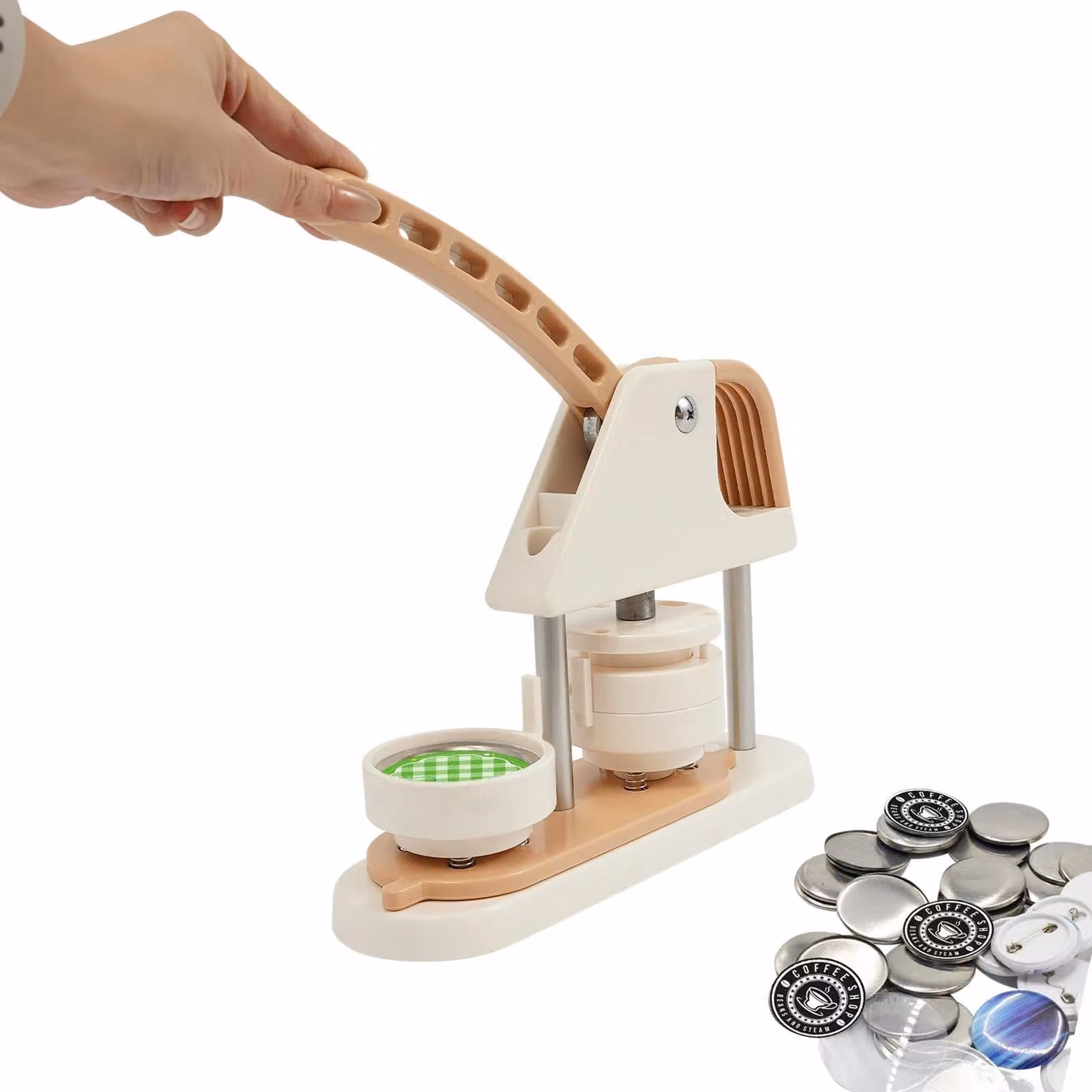 Macchina per bottoni e badge - Pressa manuale per bottoni da 58 mm - Con stampo e punzone - ABS e metallo - 28×9×36 cm - 3,2 kg - Bianco crema