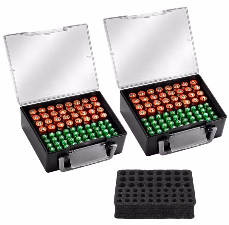 Contenitore per batterie, scatola porta batterie, organizer per batterie, contenitore per 72 batterie AAA e AA, realizzato in plastica. Confezione da 2 pezzi. (Solo la scatola, senza batterie incluse)