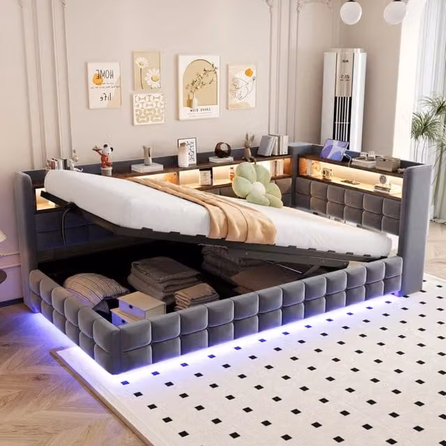 Letto imbottito contenitore ¨C Minimal ¨C grigio velluto 90x200cm con led idraulico rete a doghe