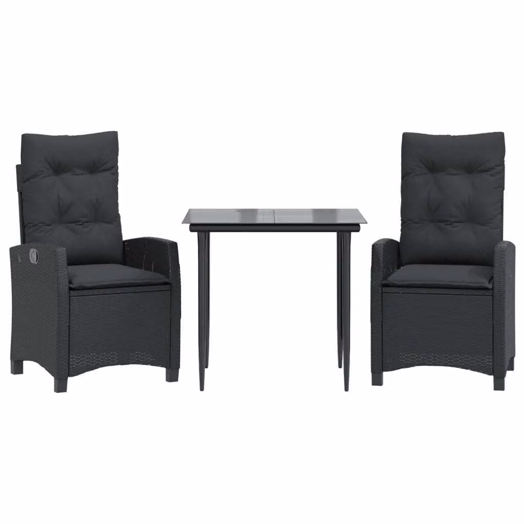 Set da Pranzo da Giardino 3 pz con Cuscini Nero in Polyrattan