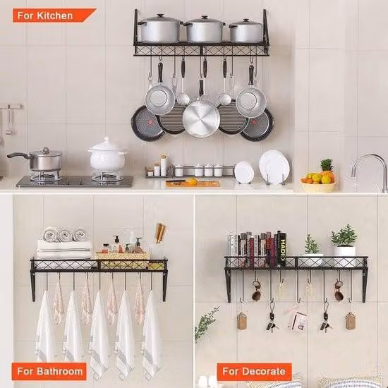 Mensola da cucina appesa con ganci - Robusta e durevole rastrelliera per pentole e padelle - Mensola da parete multifunzionale per cucina 70 x 28 x 23 cm - Nero