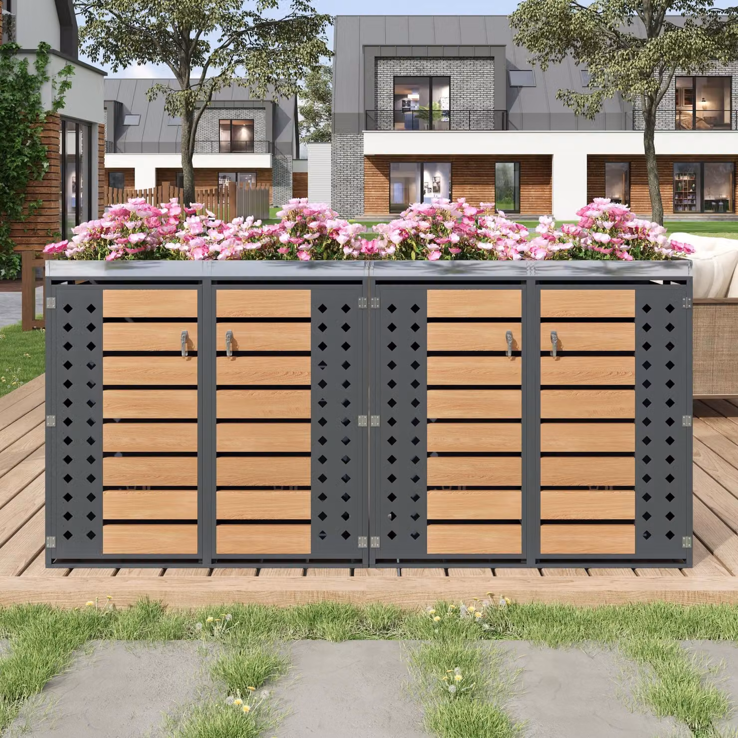 Cassone porta bidoni GL Store con 4 posti, chiudibile a chiave e fioriera integrata, L: 264 cm, P: 80 cm, H: 124,5 cm, Grigio e Colore naturale – 2