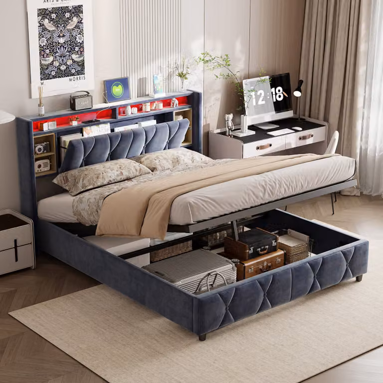 letto 160 x 200 cm con contenitore e connessione USB, letto matrimoniale con testata contenitore, velluto