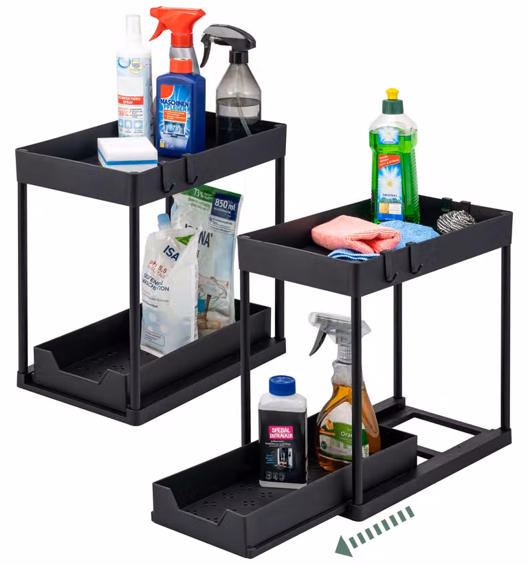 Eluno - Organizer per lavello da cucina, set da 2, ripiano sottopensile estensibile a 2 livelli con 8 ganci, nero