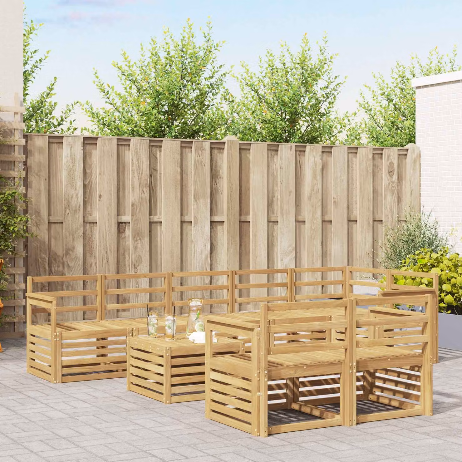 Set di divani da esterno vidaXL 9 pz in legno di acacia massello con cuscini bianchi e marroni per giardino e terrazza