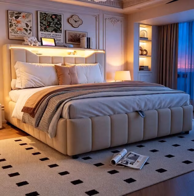Letto matrimoniale imbottito 140x200 cm con contenitore idraulico, LED nel testiera e porte USB/USB-C, rivestimento in tessuto lino beige