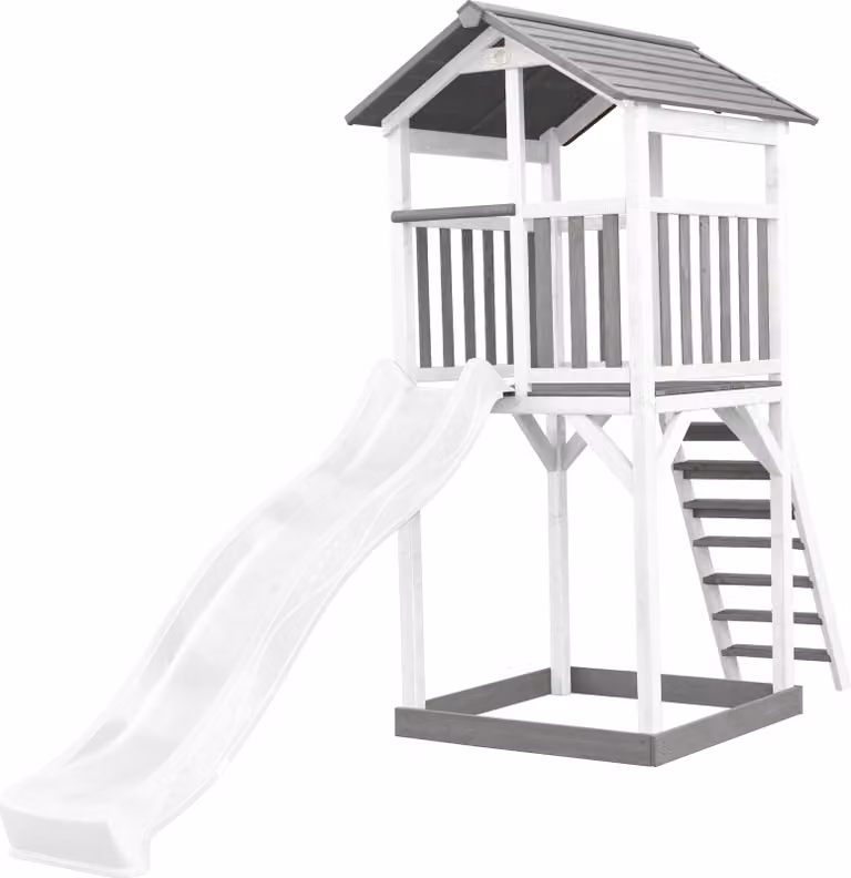 AXI Beach Tower parco giochi di legno in grigio e bianco | Torre di gioco per bambini con sabbiera e scivolo bianco | Casa per bambini su palafitte per il giardino