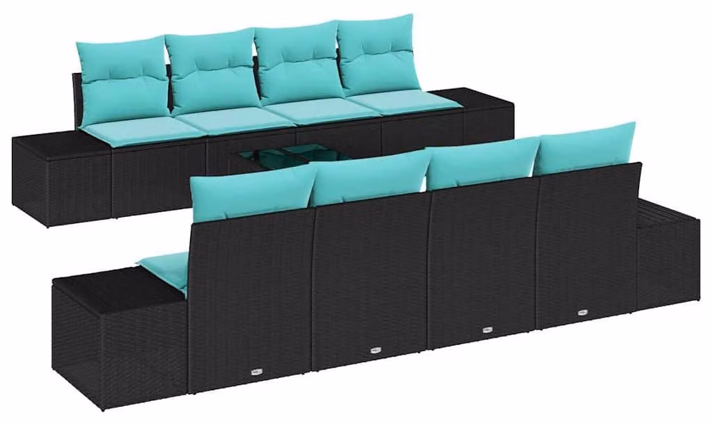 Set da giardino composto da 9 pezzi, in rattan sintetico nero e turchese