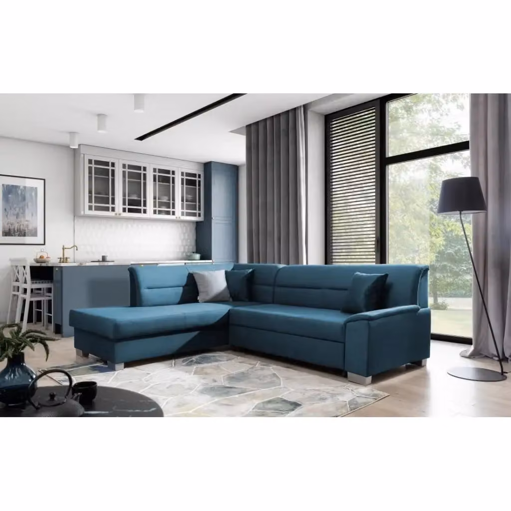 Divano angolare trasformabile MEUBLORAMA blu con effetto velluto, modello a L con angolo sinistro e funzione letto per il tuo soggiorno – 2