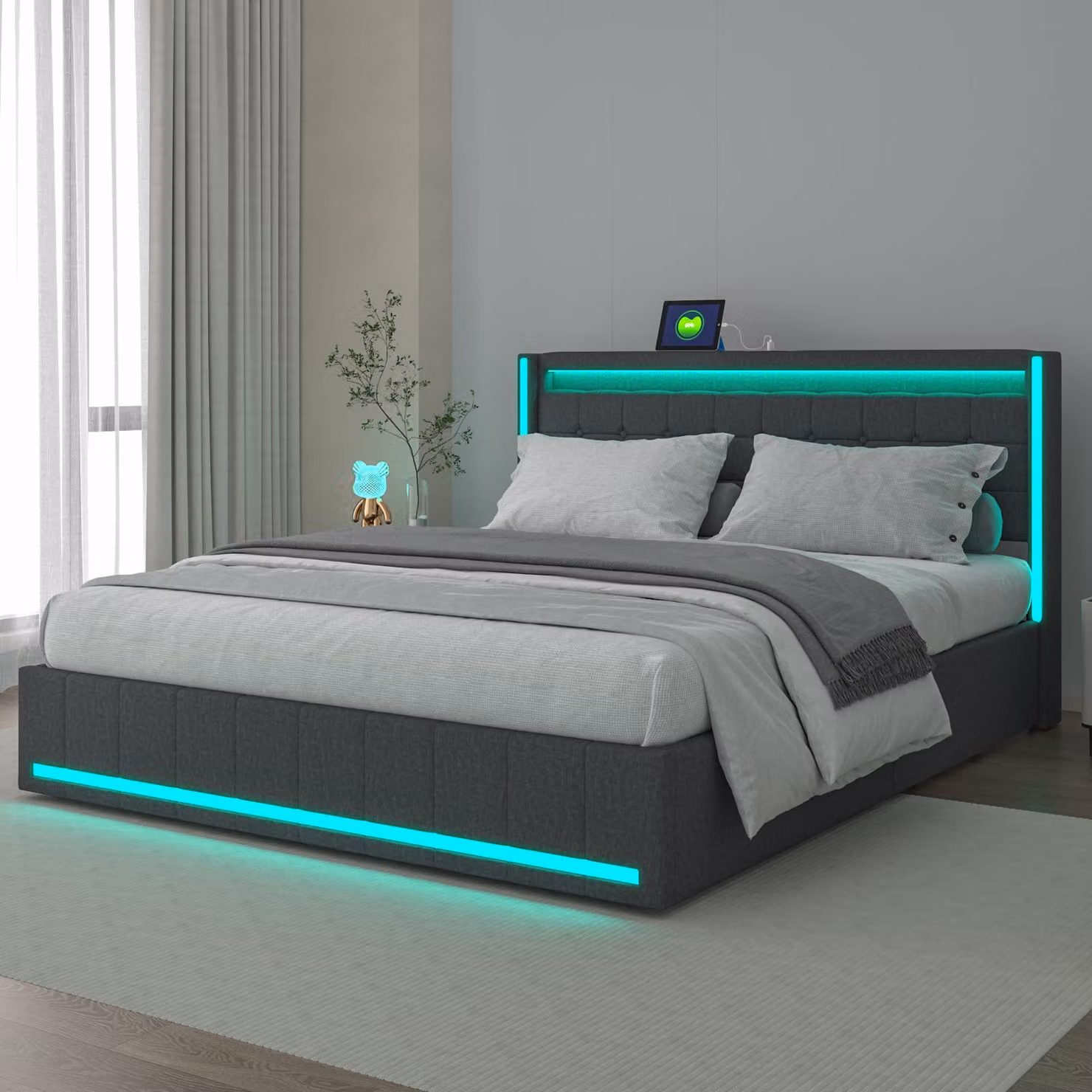 Struttura letto matrimoniale 160 x 200 cm con 4 cassetti, imbottita con illuminazione LED, contenitore, tessuto di lino, senza materasso, grigio