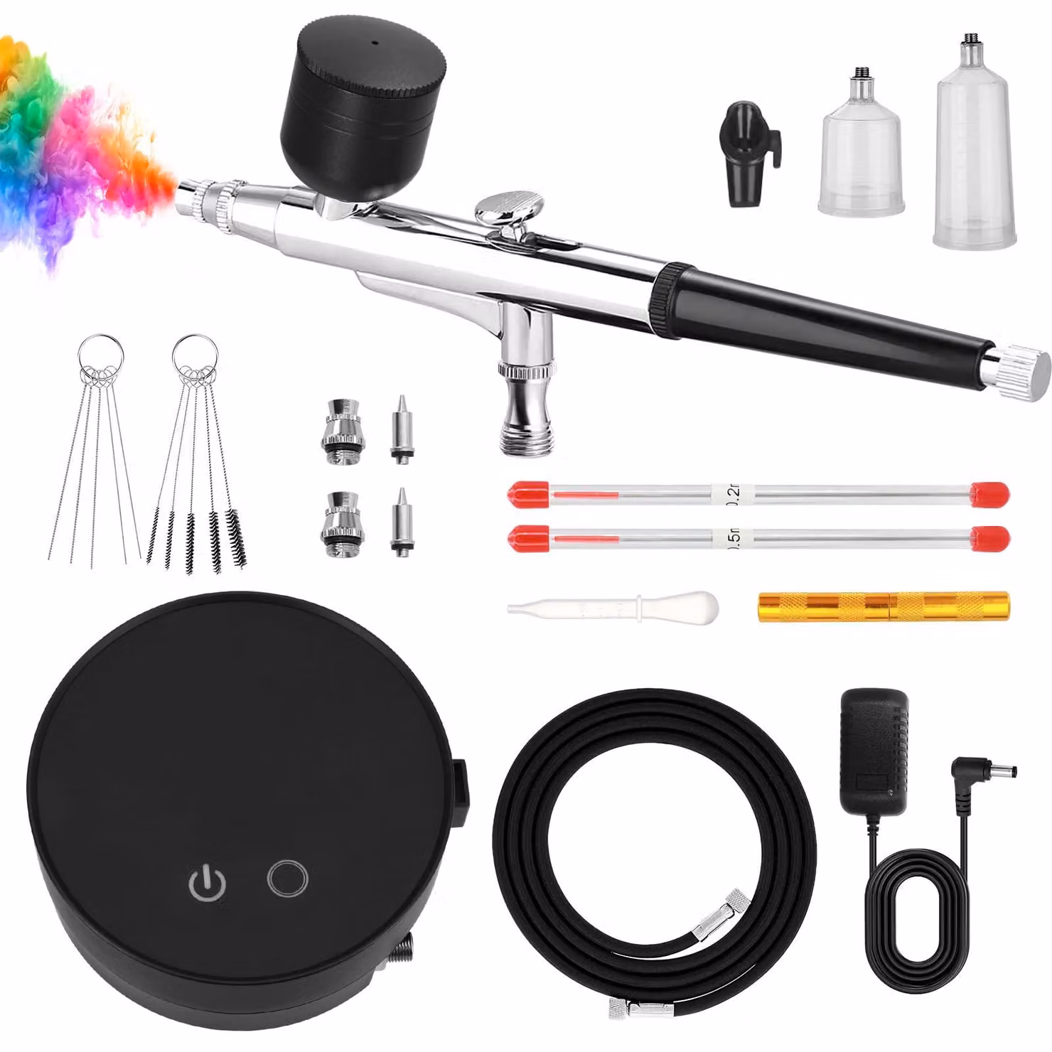 Kit per aerografo completo di compressore, con 3 livelli di pressione e 3 ugelli