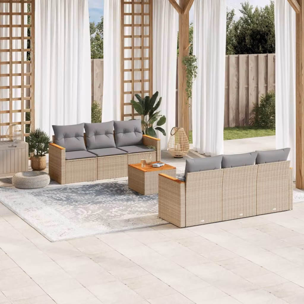 vidaXL Set Divani da Giardino 7 pz in Polyrattan con Cuscini Beige e Tavolino da Esterno – 1