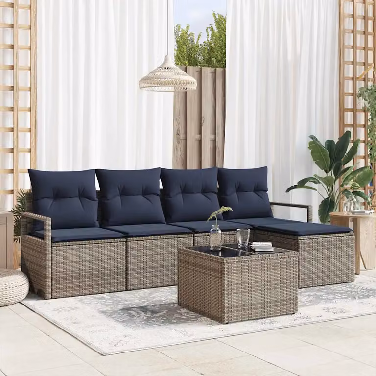 Set di divani da giardino vidaXL a forma di L con cuscini e tavolino, 6 pezzi, Grigio e Blu