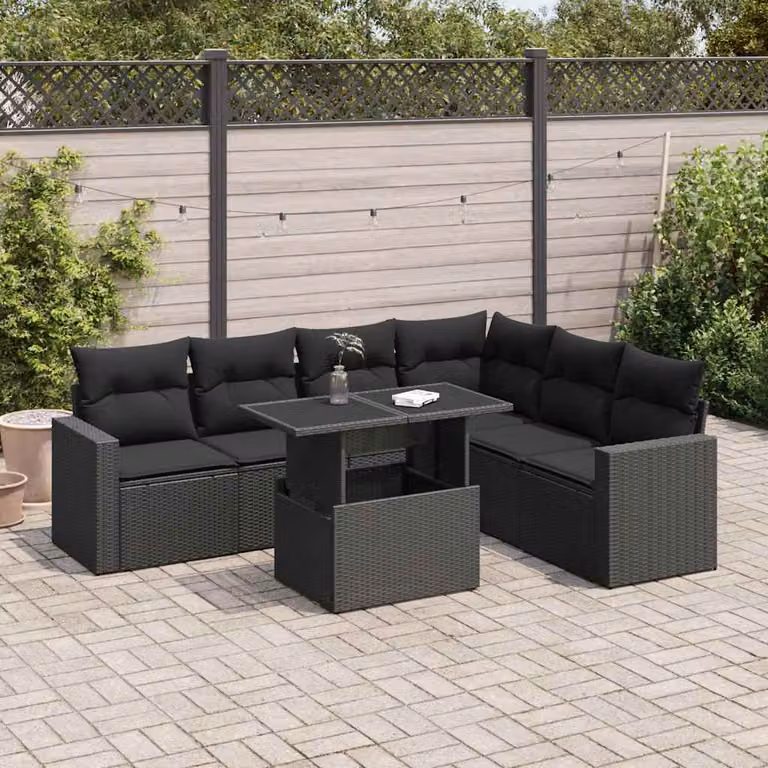 Set di divani da giardino vidaXL con 7 cuscini in polyrattan nero e struttura in metallo per esterno e terrazza