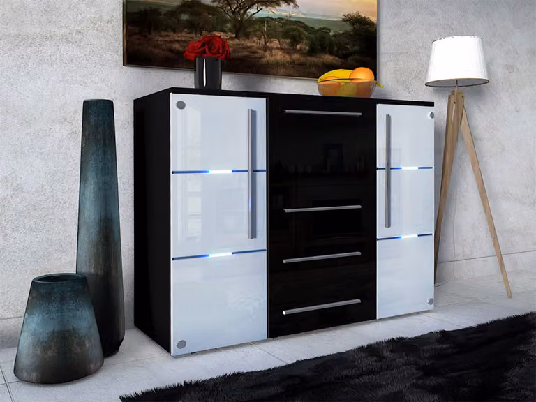 Cassettiera combinata con illuminazione a LED ANTRIM – nero / bianco lucido / nero lucido