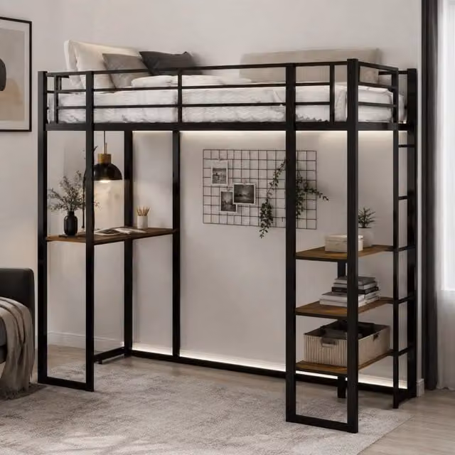 Letto a soppalco in ferro nero con scrivania e scale laterali