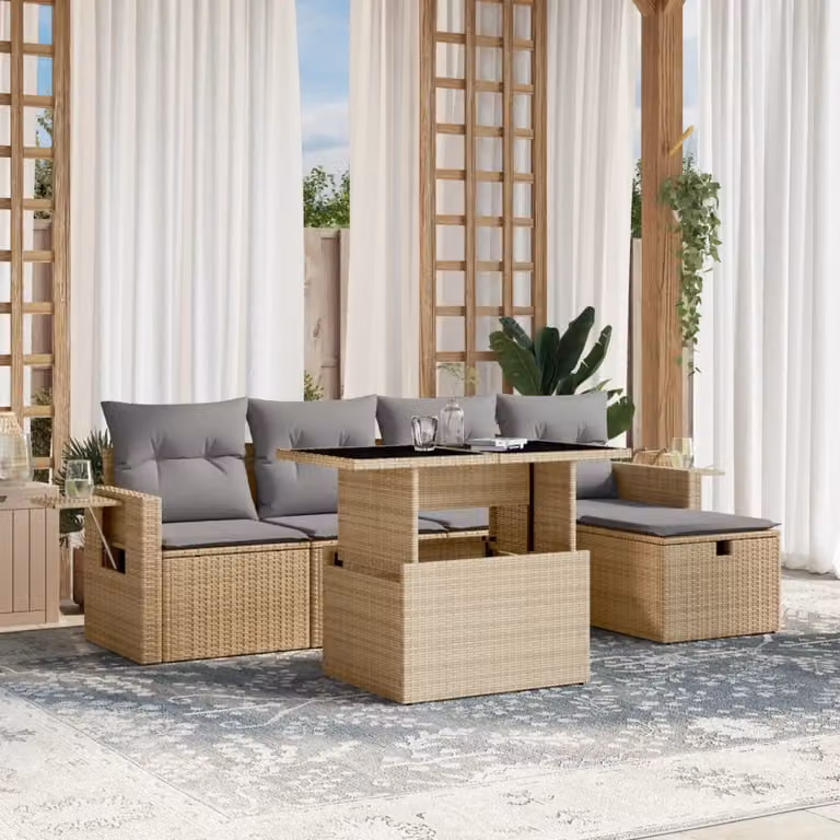 vidaXL Set Divano da Giardino 6 pz in Polyrattan con Cuscini Beige e Tavolino da Esterno