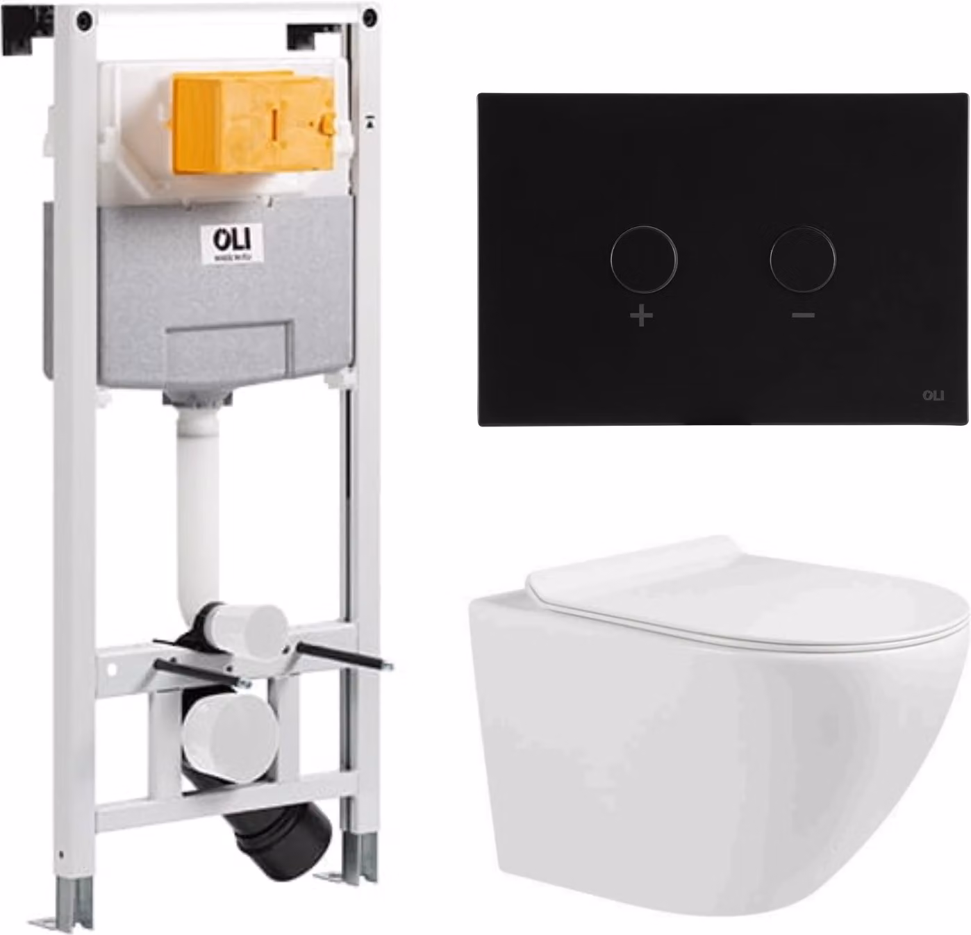 Domotechnika | Set WC Zoldo - cassetta da incasso - bianco lucido - senza bordo -  - igienico e facile da pulire - pomolo nero