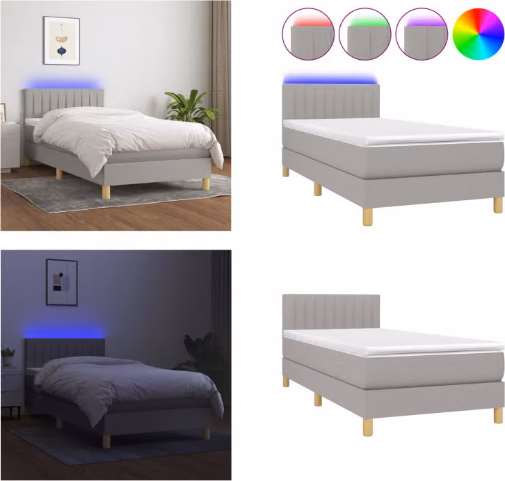 vidaXL Letto a molle con materasso e LED in tessuto grigio chiaro 90x190 cm - Letto a molle - Boxspringbetten - Bett - Schlafzimmermöbel