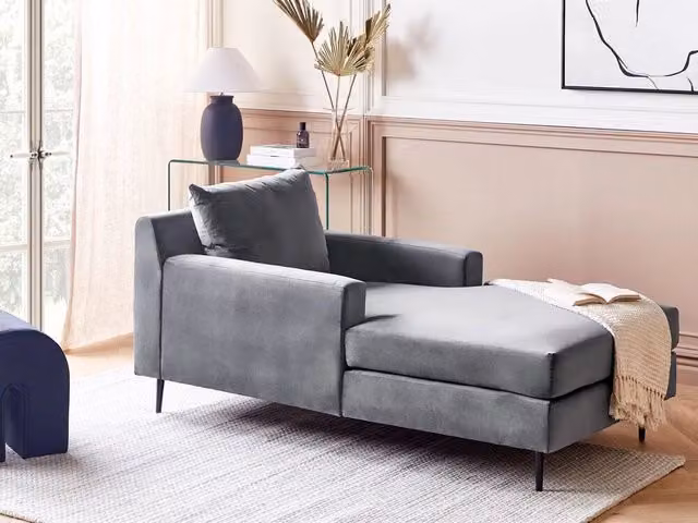 Chaise longue BELIANI in velluto grigio con design moderno a L, reversibile e con cuscini inclusi, L/P/H: 165 x 88 x 73 cm – 1