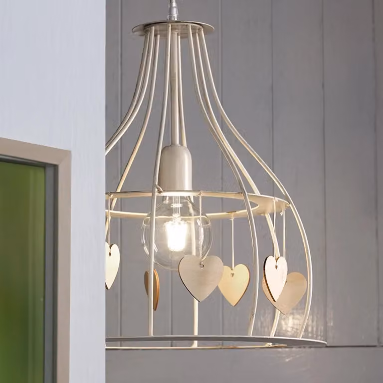 Lampada a sospensione Leonilde ONLI in stile shabby chic con finitura legno e metallo, colori beige e bianco, attacco E27 – 2