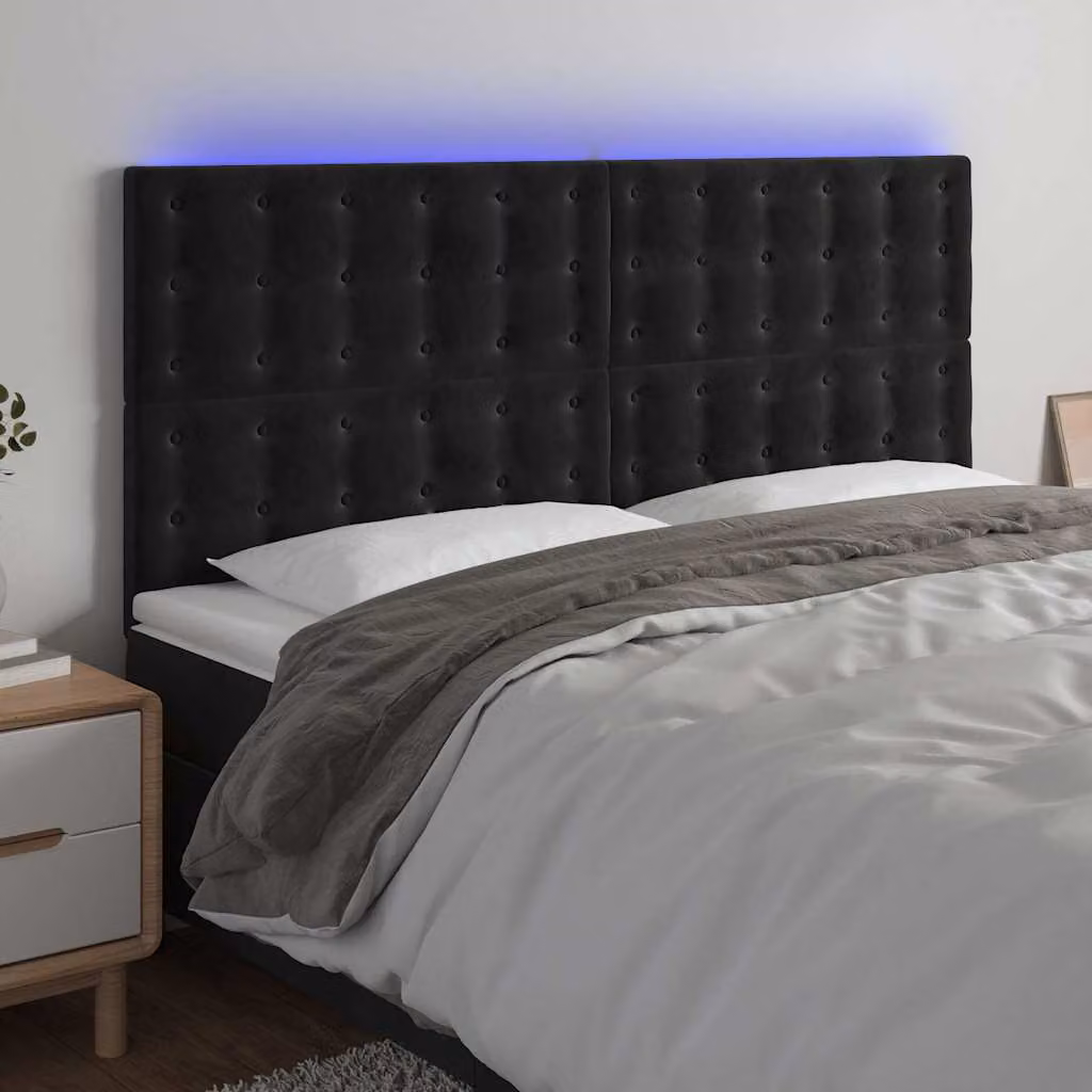 Testiera per letto vidaXL in velluto nero con illuminazione LED e porta di ricarica USB, L 180 x P 5 x H 118/128 cm